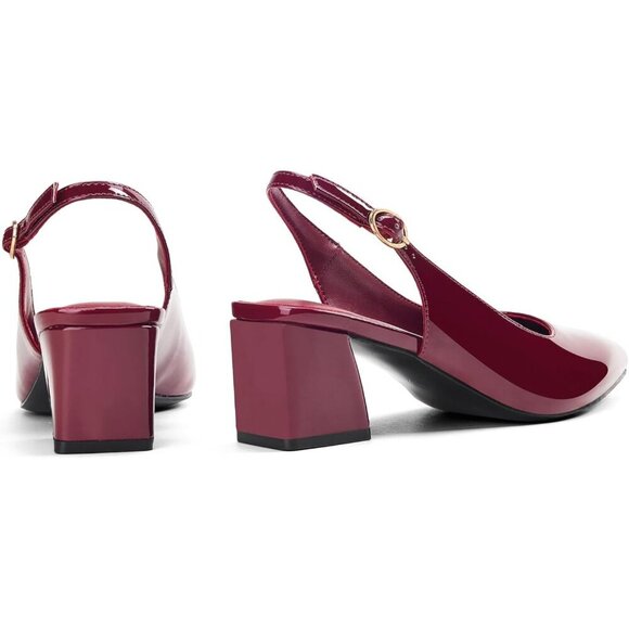 Women Slingback Wine Red Toe Block Heel Pump Low Heel Office Wedding Dress Shoes - Picture 3 of 7